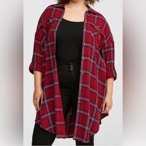 #773 TORRID Flannel Gauze Oversized Shacket Nami Plaid Rhubarb Red Black Rolltab